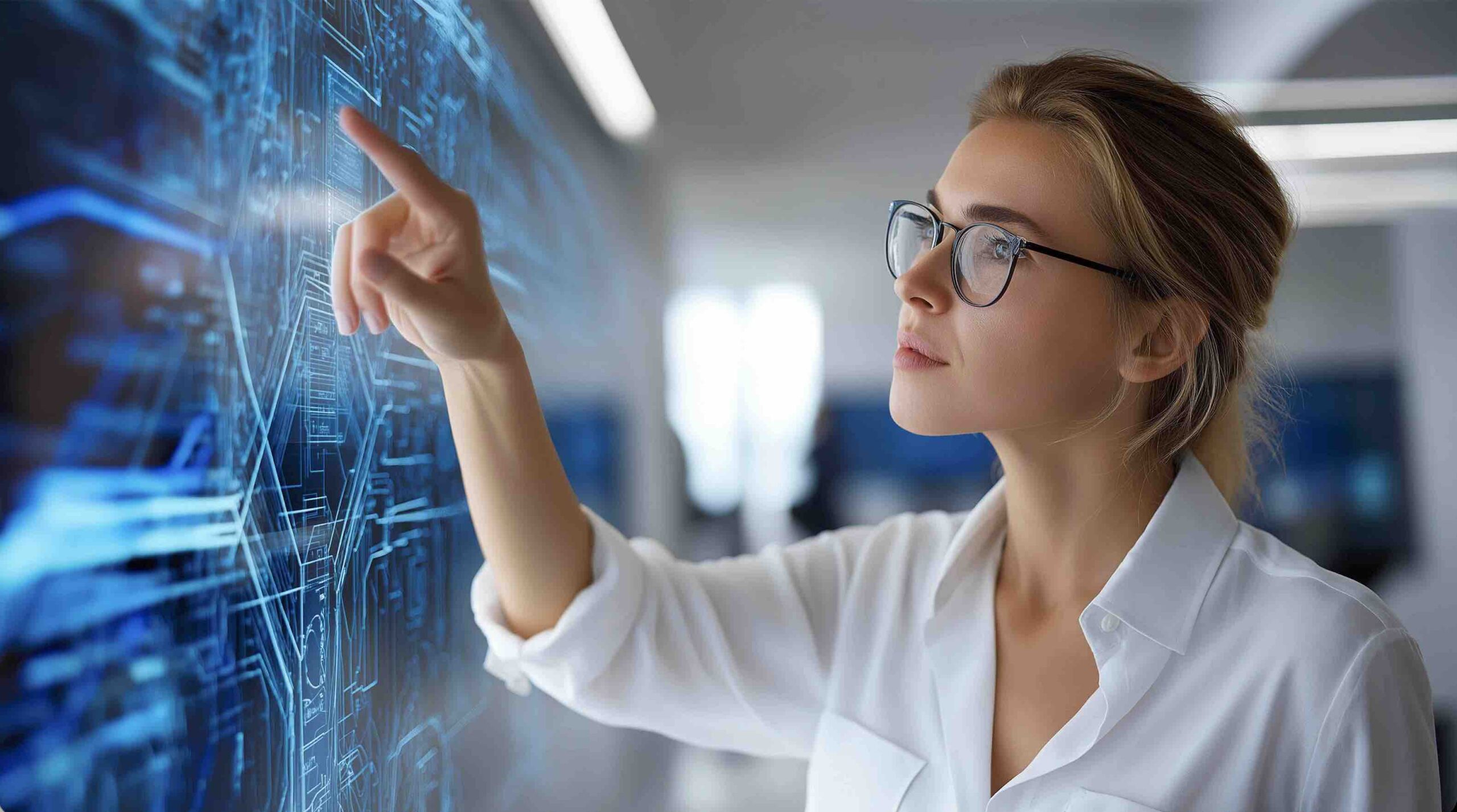 Team collaborating around a screen showing AI system architecture