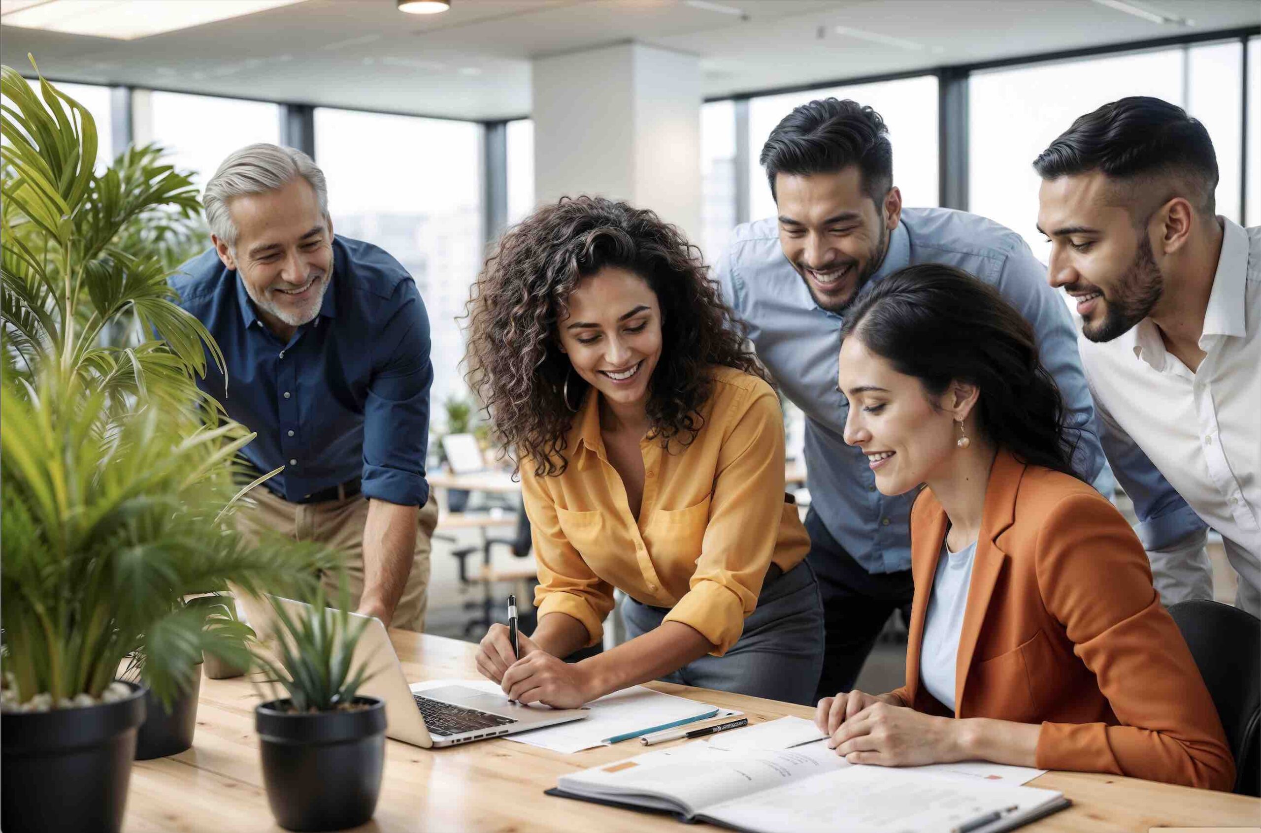 Employees collaborating in a bright modern workplace