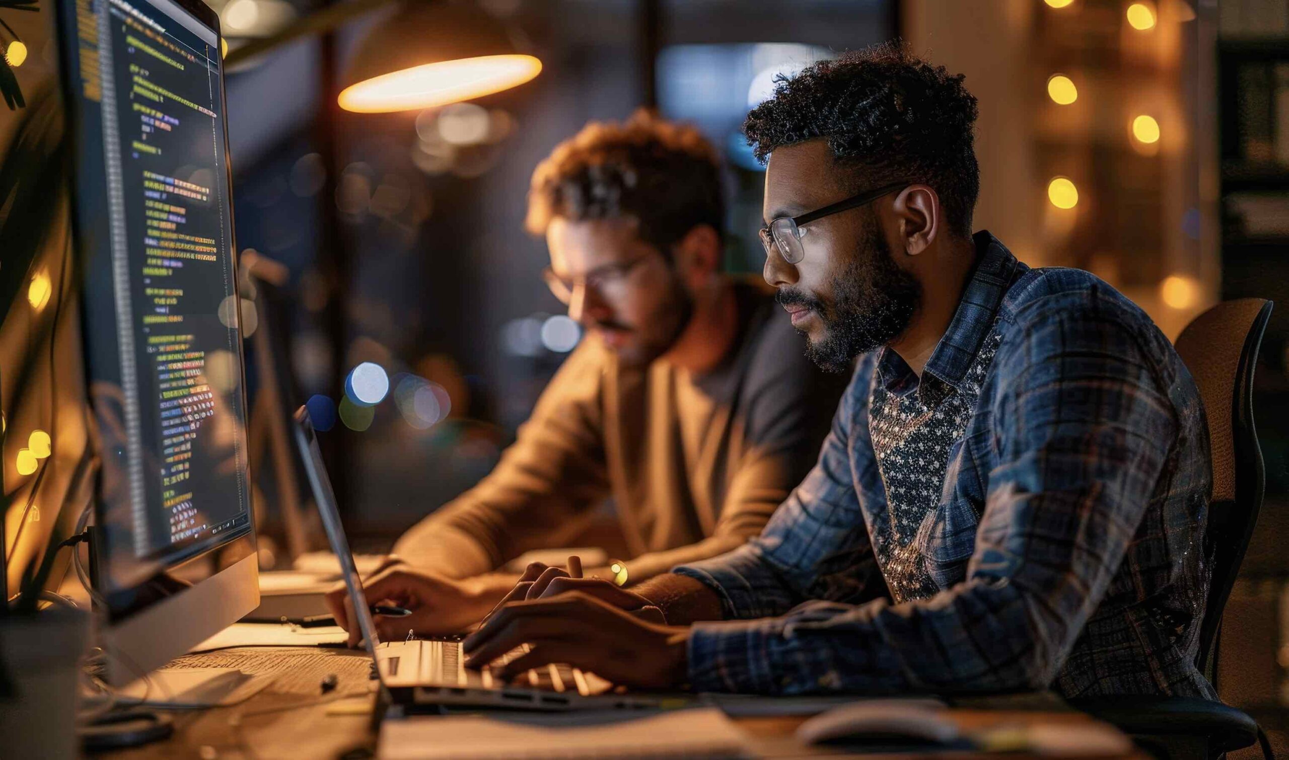 Engineers working with health technology data on screens
