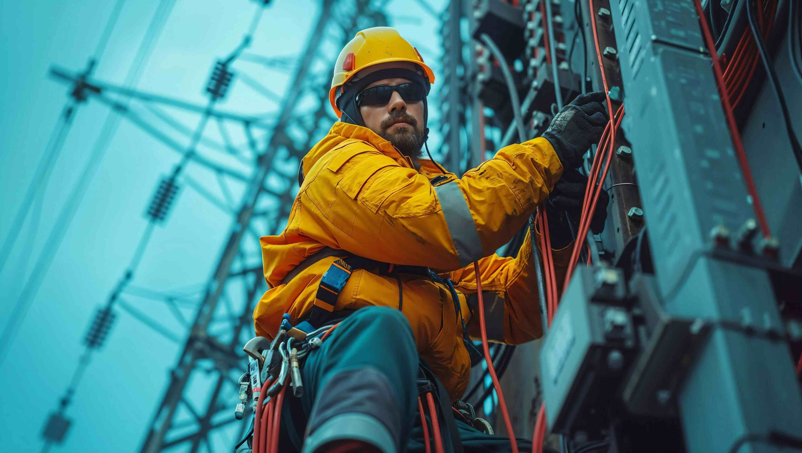 Utility engineer working at height on a power pole